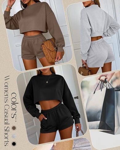 Ficerd 3 Pack Shorts Women's Gwing Shorts ، شورتات مرنة عالية الخصر من القطن الصيفي الصيفي المريح مع جيوب (أسود ، رمادي فاتح ، بني ، متوسطة) in Kuwait