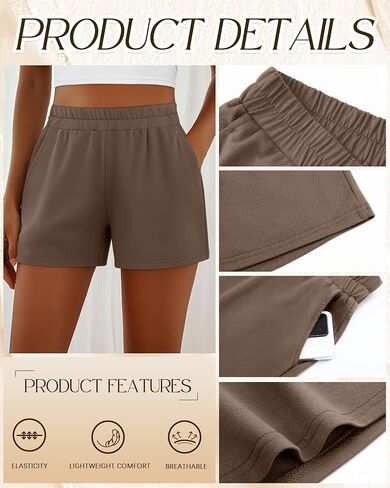 Ficerd 3 Pack Shorts Women's Gwing Shorts ، شورتات مرنة عالية الخصر من القطن الصيفي الصيفي المريح مع جيوب (أسود ، رمادي فاتح ، بني ، متوسطة) in Kuwait