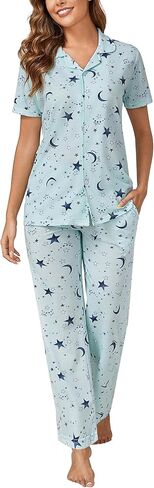 مجموعات Pnaeong Women Pajama ، زر من قطعتين أسفل PJ Top & Long Pants مع جيوب قصيرة الأكمام ملابس النوم ، S-2XL in Kuwait