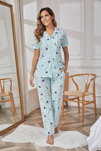 مجموعات Pnaeong Women Pajama ، زر من قطعتين أسفل PJ Top & Long Pants مع جيوب قصيرة الأكمام ملابس النوم ، S-2XL in Kuwait