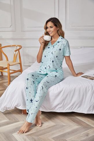 مجموعات Pnaeong Women Pajama ، زر من قطعتين أسفل PJ Top & Long Pants مع جيوب قصيرة الأكمام ملابس النوم ، S-2XL in Kuwait