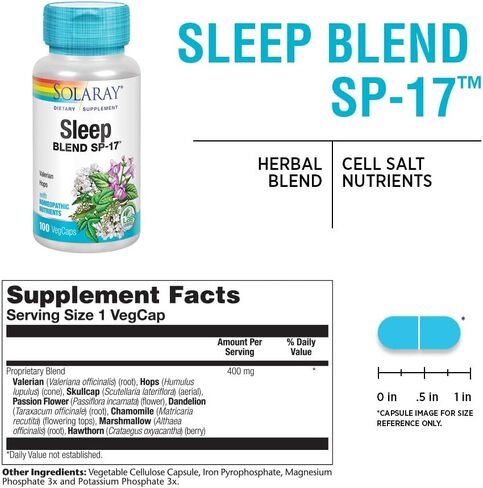 Solaray Sleep Blend SP-17 | مزيج العشبية مع مغذيات الملح الخلية للمساعدة في دعم النوم الصحي والاسترخاء | غير المعدلة وراثيا ، نباتي | 100 VEGCAPS in Saudi Arabia