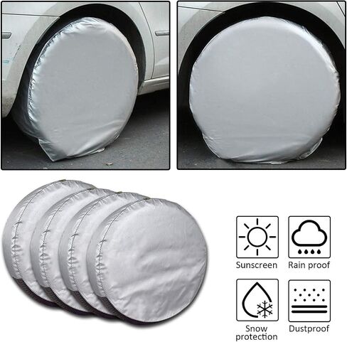 Mr.You Tire Covers Set of 4,Fits 25-28 Inch Diameter Tires,Heavy Duty Waterproof Sun Protection 600D Oxford Tires Covers,Elastic band design on the back, Diameter 28Inch,Silver in Saudi Arabia