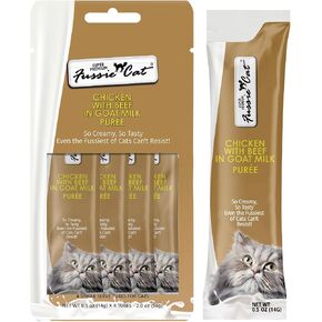 Fussie Cat Premium Tuna with Salmon in Goat Milk Puree, lickable cat Treats, 0.5oz Pouch Pack of 4 in Kuwait