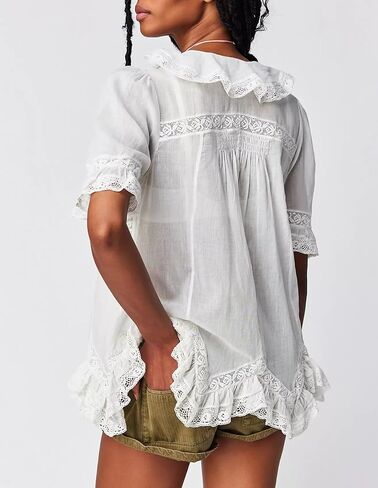 Women’s Tie Front Ruffle Boho Tops Flowy Sheer Short Sleeve Lace Blouse Y2k Embroidered Babydoll Button Down Shirts in Saudi Arabia