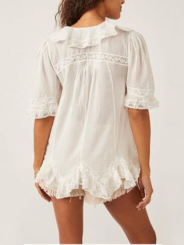 Women’s Tie Front Ruffle Boho Tops Flowy Sheer Short Sleeve Lace Blouse Y2k Embroidered Babydoll Button Down Shirts in Saudi Arabia