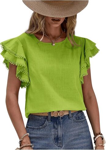 Floerns Women's Solid Butterfly Cap Sleeve Crewneck Contrast Lace Blouse Top in Kuwait