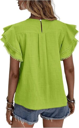 Floerns Women's Solid Butterfly Cap Sleeve Crewneck Contrast Lace Blouse Top in Kuwait