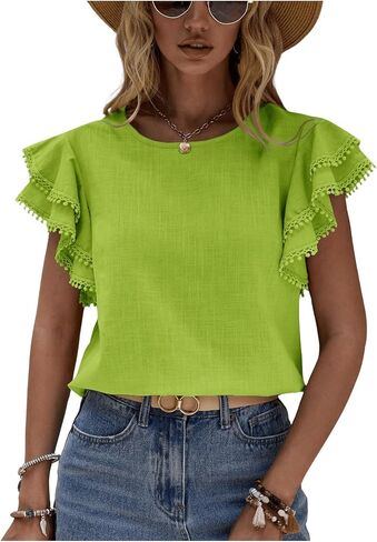 Floerns Women's Solid Butterfly Cap Sleeve Crewneck Contrast Lace Blouse Top in Kuwait