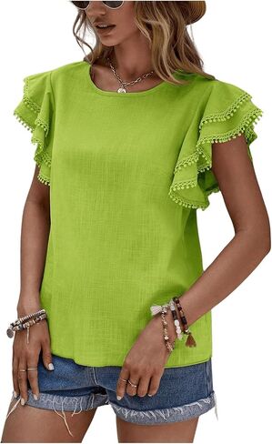 Floerns Women's Solid Butterfly Cap Sleeve Crewneck Contrast Lace Blouse Top in Kuwait