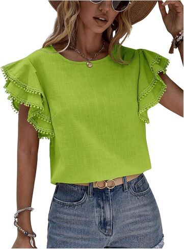Floerns Women's Solid Butterfly Cap Sleeve Crewneck Contrast Lace Blouse Top in Kuwait