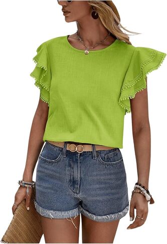 Floerns Women's Solid Butterfly Cap Sleeve Crewneck Contrast Lace Blouse Top in Kuwait