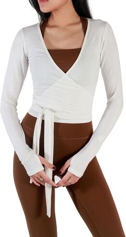 Meihuida Women Wrap Top Long Sleeve Deep V Neck Tie Workout Ballet Pilates Yoga Shirt with Thumb Holes in Kuwait