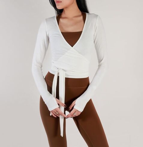 Meihuida Women Wrap Top Long Sleeve Deep V Neck Tie Workout Ballet Pilates Yoga Shirt with Thumb Holes in Kuwait