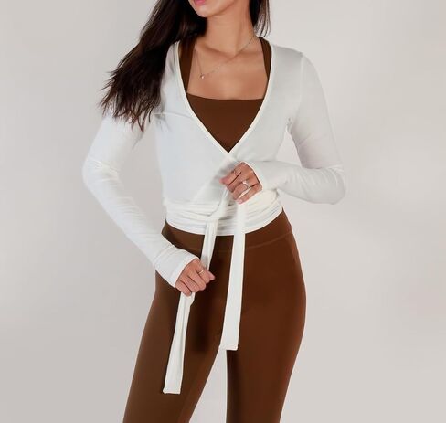 Meihuida Women Wrap Top Long Sleeve Deep V Neck Tie Workout Ballet Pilates Yoga Shirt with Thumb Holes in Kuwait