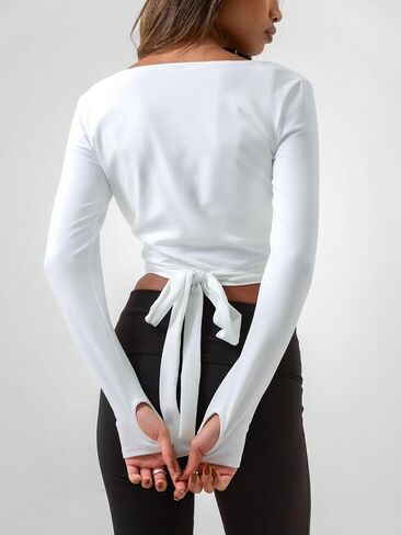 Meihuida Women Wrap Top Long Sleeve Deep V Neck Tie Workout Ballet Pilates Yoga Shirt with Thumb Holes in Kuwait
