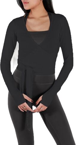 Meihuida Women Wrap Top Long Sleeve Deep V Neck Tie Workout Ballet Pilates Yoga Shirt with Thumb Holes in Kuwait