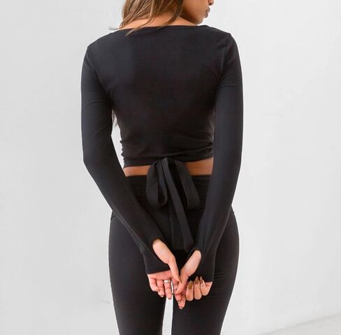 Meihuida Women Wrap Top Long Sleeve Deep V Neck Tie Workout Ballet Pilates Yoga Shirt with Thumb Holes in Kuwait