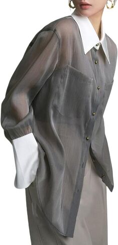 Womens Tulle Long Sleeve Shirt Button Down Lapel Loose Pocket Casual Blouse Top with Camisole in Saudi Arabia