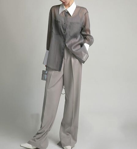 Womens Tulle Long Sleeve Shirt Button Down Lapel Loose Pocket Casual Blouse Top with Camisole in Saudi Arabia