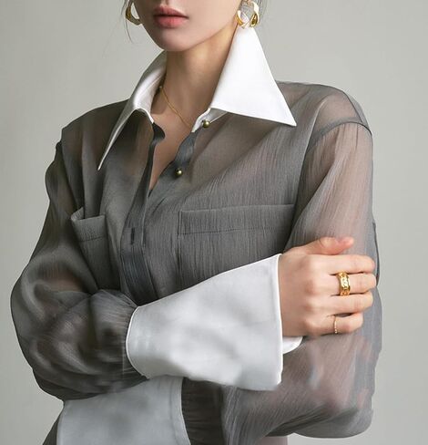 Womens Tulle Long Sleeve Shirt Button Down Lapel Loose Pocket Casual Blouse Top with Camisole in Saudi Arabia