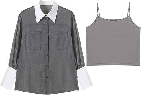 Womens Tulle Long Sleeve Shirt Button Down Lapel Loose Pocket Casual Blouse Top with Camisole in Saudi Arabia
