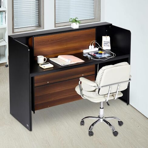 VEVOR Reception Desk, 55 Inch Rectangular Front Counter Table, Office Reception Counter with Lockable Drawer and Storage Cabinet, for Checkout, Lobby, Beauty Salon and Office, Natural in Saudi Arabia