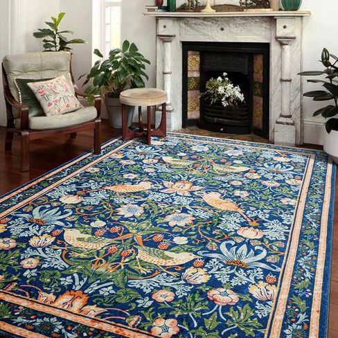 RoomTalks Strawberry Thief Area Rug, Ultra Thin Vintage Floral 2x3 Entryway Rug Non-Slip Washable Indoor Door Mat, Forest Birds Botanical Small Accent Throw Rug for Bedroom Kitchen Entryway Bathroom in Kuwait