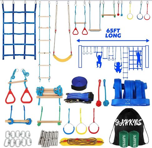 FAHKNS Ninja Warrior Obstacle Course for Kids - 2 x 55ft Slackline Kit with 13 Ninja Accessories for Kids,Obstacles Cargo Net Rope Ladder Monkey Bars Ninja Course for Kids in Saudi Arabia