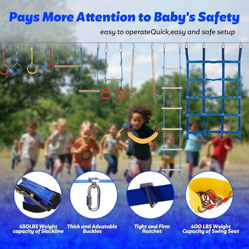 FAHKNS Ninja Warrior Obstacle Course for Kids - 2 x 55ft Slackline Kit with 13 Ninja Accessories for Kids,Obstacles Cargo Net Rope Ladder Monkey Bars Ninja Course for Kids in Saudi Arabia