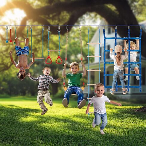 FAHKNS Ninja Warrior Obstacle Course for Kids - 2 x 55ft Slackline Kit with 13 Ninja Accessories for Kids,Obstacles Cargo Net Rope Ladder Monkey Bars Ninja Course for Kids in Saudi Arabia