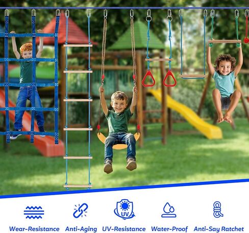 FAHKNS Ninja Warrior Obstacle Course for Kids - 2 x 55ft Slackline Kit with 13 Ninja Accessories for Kids,Obstacles Cargo Net Rope Ladder Monkey Bars Ninja Course for Kids in Saudi Arabia
