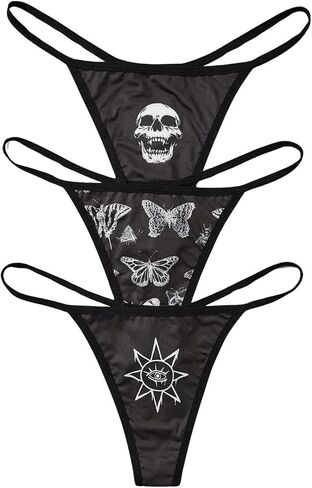 Wdirara Women's 3 قطعة جمجمة الفراشة Sun Print G String Thong Low Rise Sexy Sexy in Saudi Arabia