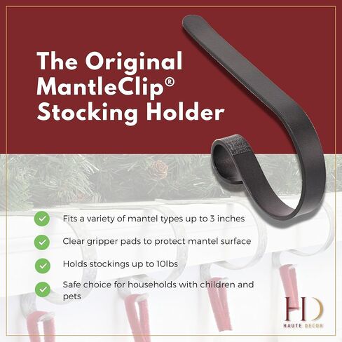 Haute Decor The Original MantleClip® Stocking Holder - 4 Pack (Glitter Red) - Hang Christmas Stockings Safely and Securely from Mantels Up to 3 Inches Thick in Kuwait