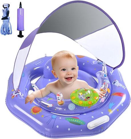 Baby Pool Float for 6-36 Months | Extra Wide Infant Pool Float with UPF50+ Sunshade & Toy Play Console | Baby Floatie with Adjustable Safety Seat, Detachable Canopy, Secure Handle & Safety Leash in Kuwait