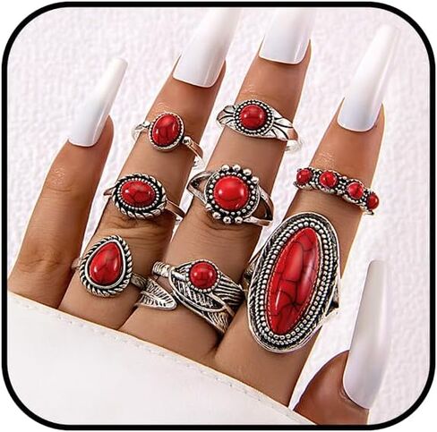 Western Rings Set for Women Red Boho Turquoise Ring Vintage Stackable Knuckle Rings Bohemian Cowboy Cowgirl Jewelry Country Concert Outfits in Saudi Arabia