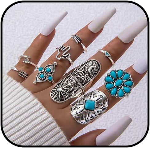 Western Rings Set for Women Red Boho Turquoise Ring Vintage Stackable Knuckle Rings Bohemian Cowboy Cowgirl Jewelry Country Concert Outfits in Saudi Arabia