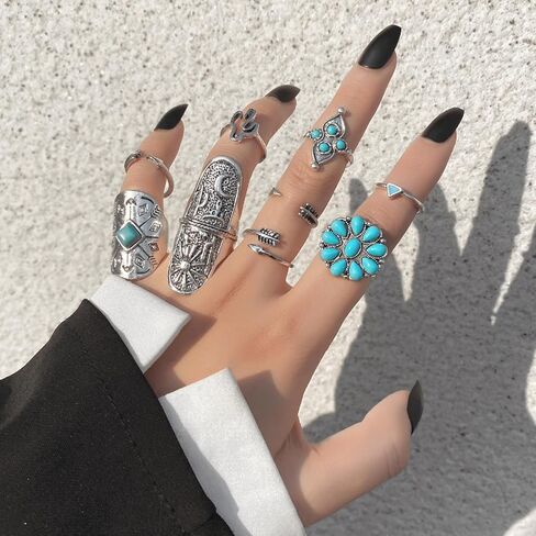Western Rings Set for Women Red Boho Turquoise Ring Vintage Stackable Knuckle Rings Bohemian Cowboy Cowgirl Jewelry Country Concert Outfits in Saudi Arabia
