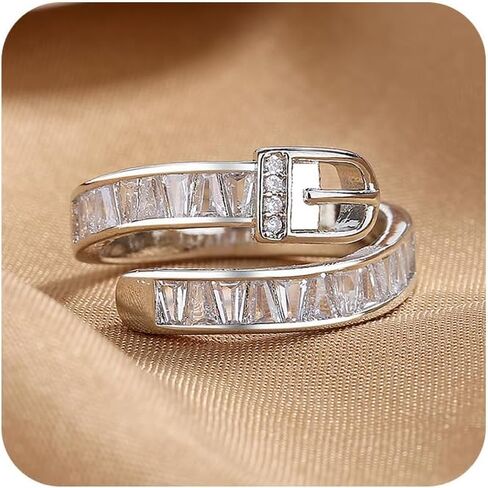 Huugvbco 925 Sterling Silver Belt Belt Boxle Ring مع 5A Zirconia Cz Cz Crystal Diamond قابلة للتعديل حلقة تكديس مطلية بالذهب. in Kuwait