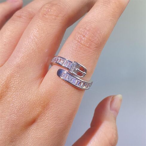 Huugvbco 925 Sterling Silver Belt Belt Boxle Ring مع 5A Zirconia Cz Cz Crystal Diamond قابلة للتعديل حلقة تكديس مطلية بالذهب. in Kuwait