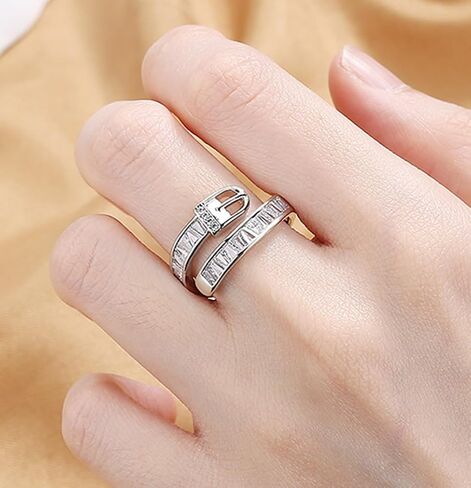 Huugvbco 925 Sterling Silver Belt Belt Boxle Ring مع 5A Zirconia Cz Cz Crystal Diamond قابلة للتعديل حلقة تكديس مطلية بالذهب. in Kuwait