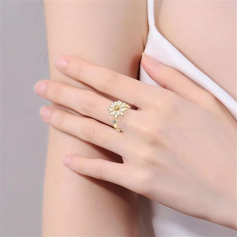 Rotatable CZ Purple White Daisy Flower Ring for Women Silver Gold Plated Crystal Floral Stackable Statement Open Band Spinner Finger Ring Comfort Fit Adjustable Fidget Anxiety Relieving Stress Jewelry in Saudi Arabia