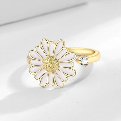 Rotatable CZ Purple White Daisy Flower Ring for Women Silver Gold Plated Crystal Floral Stackable Statement Open Band Spinner Finger Ring Comfort Fit Adjustable Fidget Anxiety Relieving Stress Jewelry in Saudi Arabia