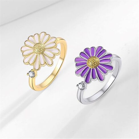 Rotatable CZ Purple White Daisy Flower Ring for Women Silver Gold Plated Crystal Floral Stackable Statement Open Band Spinner Finger Ring Comfort Fit Adjustable Fidget Anxiety Relieving Stress Jewelry in Saudi Arabia