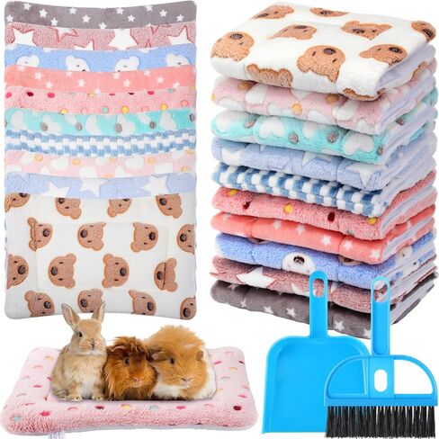 Tudomro 10 Pcs 15" x 11" Guinea Pig Bed Mat with Cleaning Dustpan Brush Small Animal Bedding Fleece Bunny Winter Sleeping Pad for Small Dogs Cats Rats Hedgehogs Ferrets Hamster Indoor in Kuwait