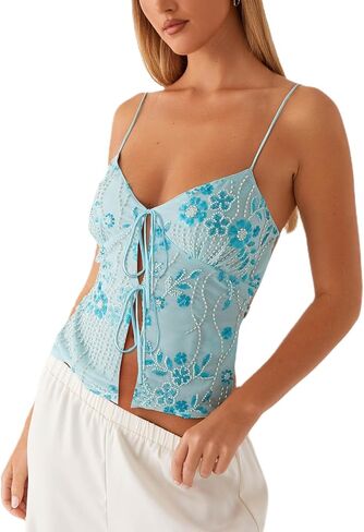 Missactiver Women's Y2K Sequin Cami Tops Sexy Parkle Lace Up Top Top Tie Top Front Low Low Low Low V-the Top Top in Saudi Arabia