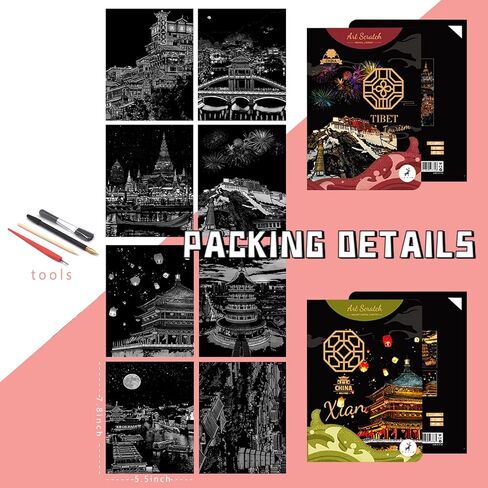 DESINIK Scratch Painting Art Kit - Family-Friendly Crafts for Adults & Kids, DIY Craft Kit with 4 Tools & 8 Sheets,City Series Creative Gifts(A5) in Kuwait