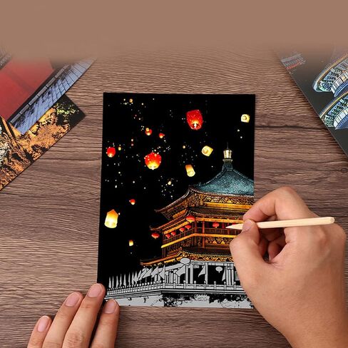 DESINIK Scratch Painting Art Kit - Family-Friendly Crafts for Adults & Kids, DIY Craft Kit with 4 Tools & 8 Sheets,City Series Creative Gifts(A5) in Kuwait