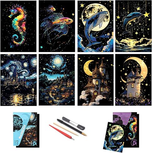 DESINIK Scratch Painting Art Kit - Family-Friendly Crafts for Adults & Kids, DIY Craft Kit with 4 Tools & 8 Sheets,City Series Creative Gifts(A5) in Kuwait