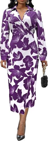 Women's Casual Button Up Elegant Print Tie Waist A-Line Midi Shirt Dress in Saudi Arabia